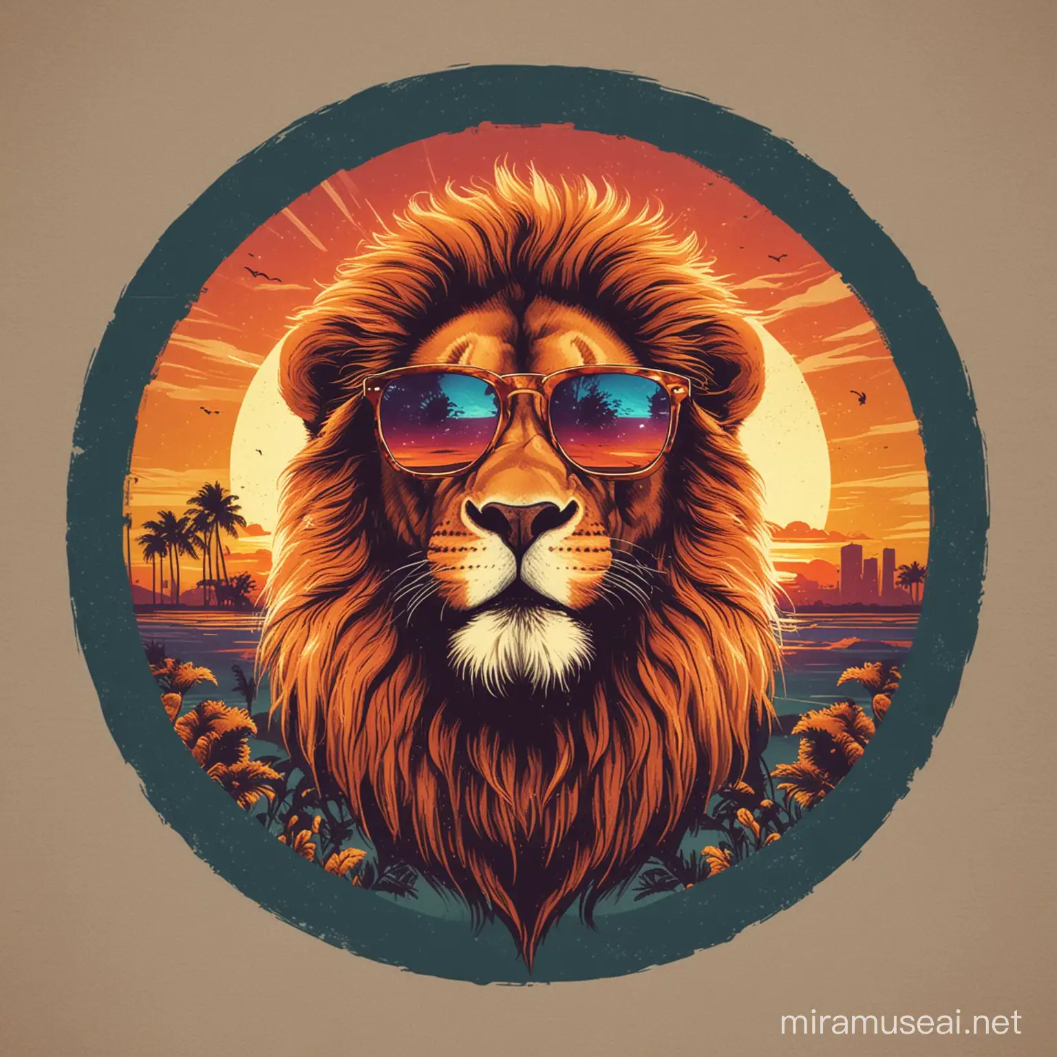 Cool sunset lion wearing sunglasess, illustration, 16k, T - shirt design, T - shirt graphic, retro vintage style, circle