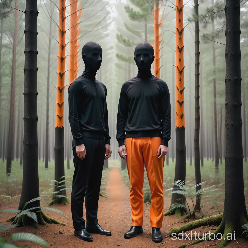 two men, they don't have heads, one is dressed in black, one has an orange pants on. Their standing in a forrest with just a couple of trees