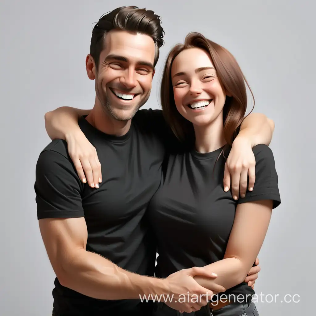 мужчина с женщиной в черной футболке улыбаются в обнимку