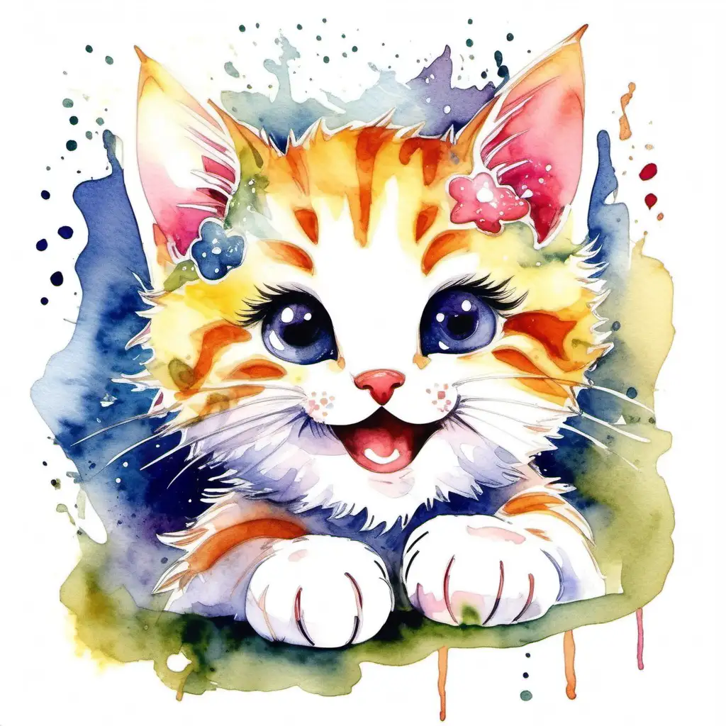 Cute kitten
 jolly good happy watercolour painting artwork beautiful magical enchantment  white background 