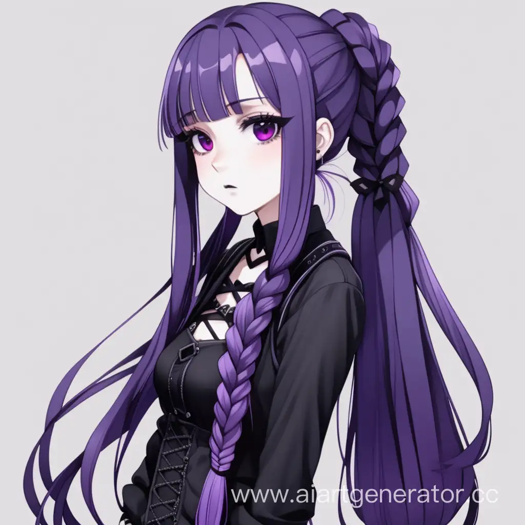 Аниме девушка готка с длинными фиолетовыми волосами в косе, в полный рост