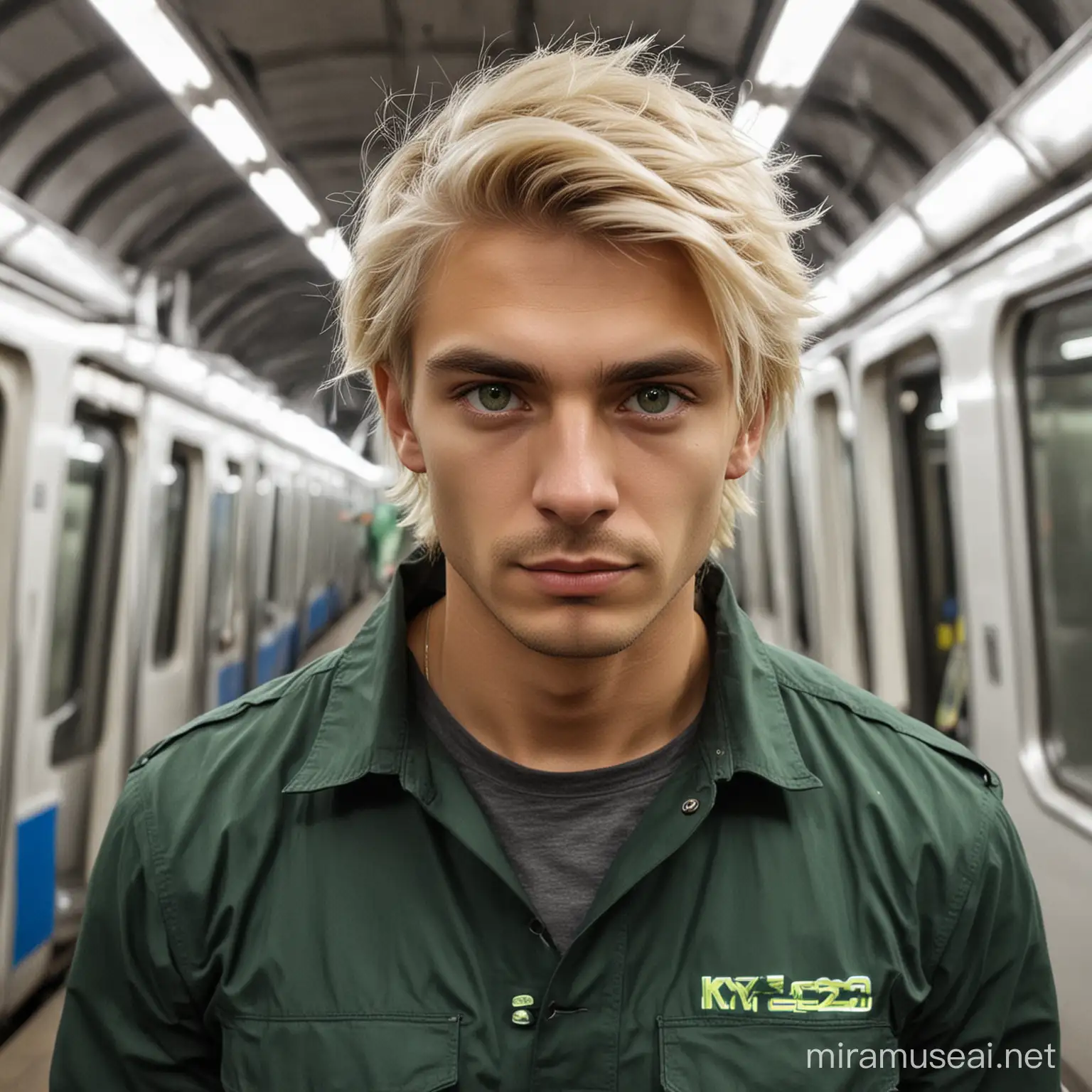 Electromechanical service of Kyiv metro man blonde-black hair green eyes with headlight