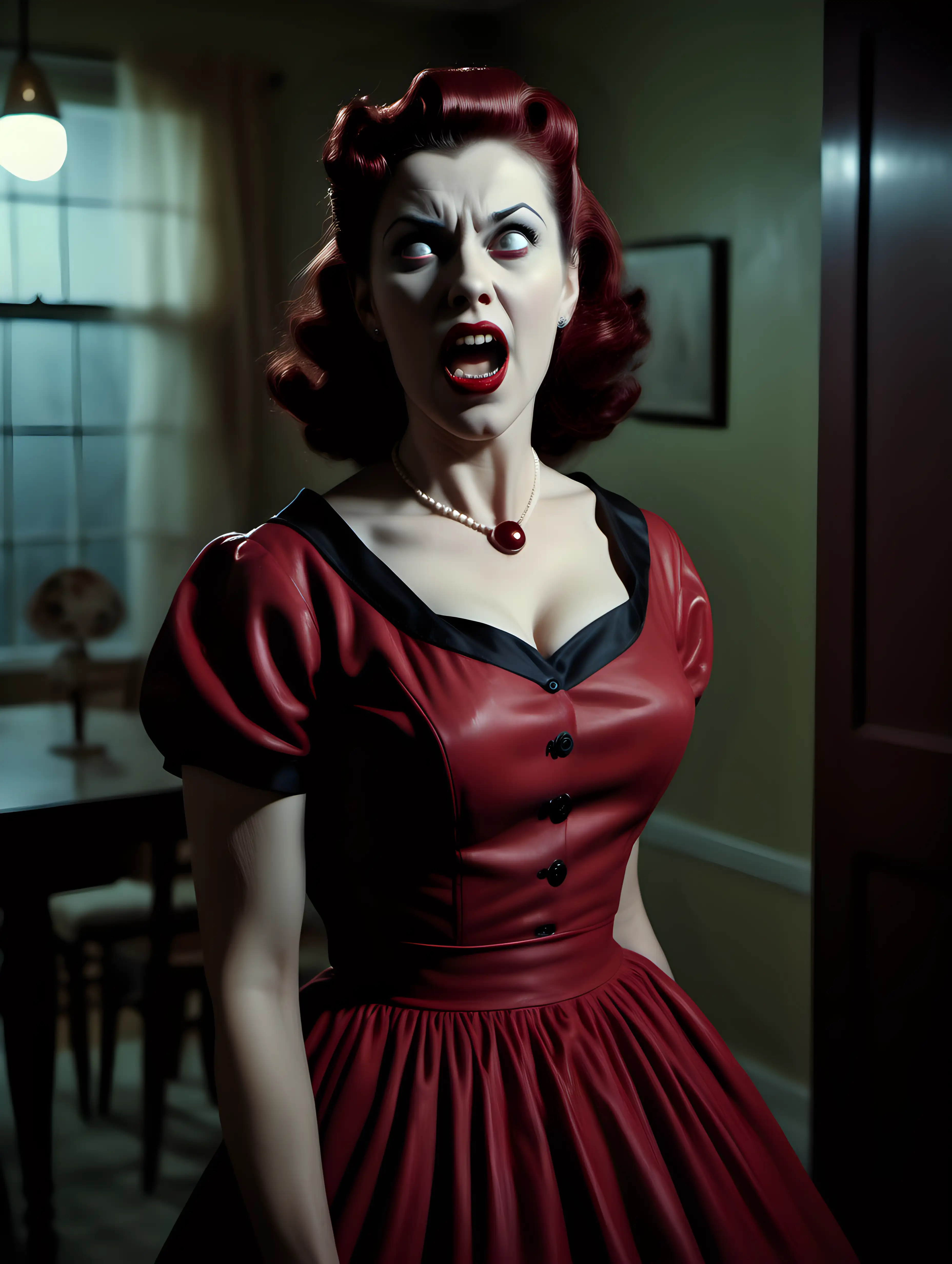 1950s housewife as a vampire, high-quality, full length, 1950s, cinematic, Photorealistic, shot with a 35mm lens at f/1.4, 8k