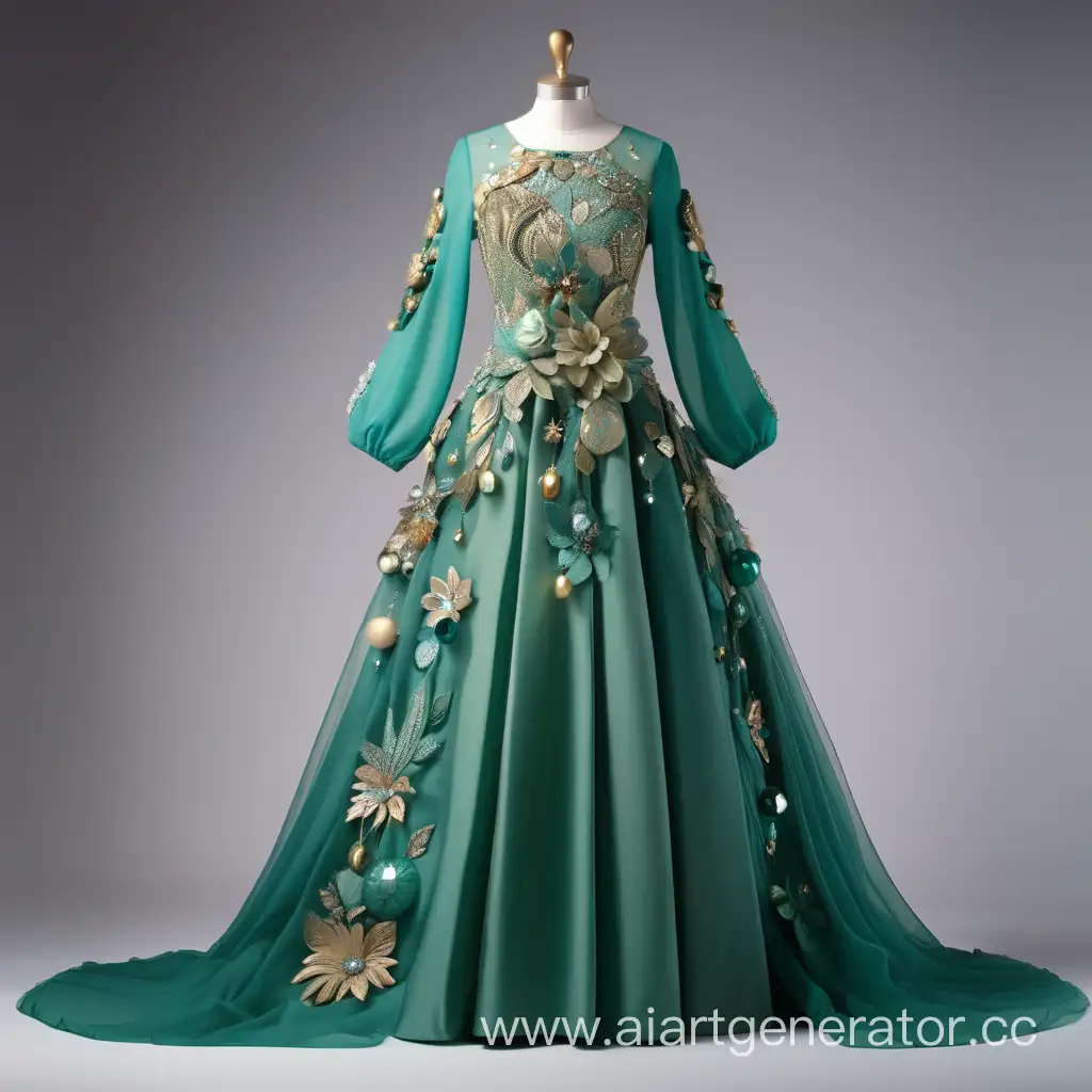 красивое платье в зеленых оттенках с украшениями с рукавами