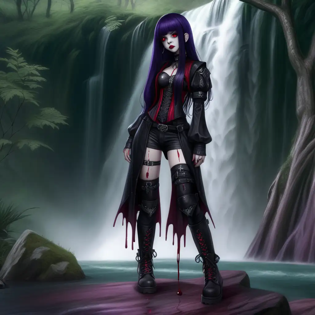 female with purple skin and red eyes, long green and black hair, she has no nose but a has a big full set of lips that are blood red, she is wearing a black gothic style outfit, She has combat boots on, she is standing in front of a waterfall in a forest