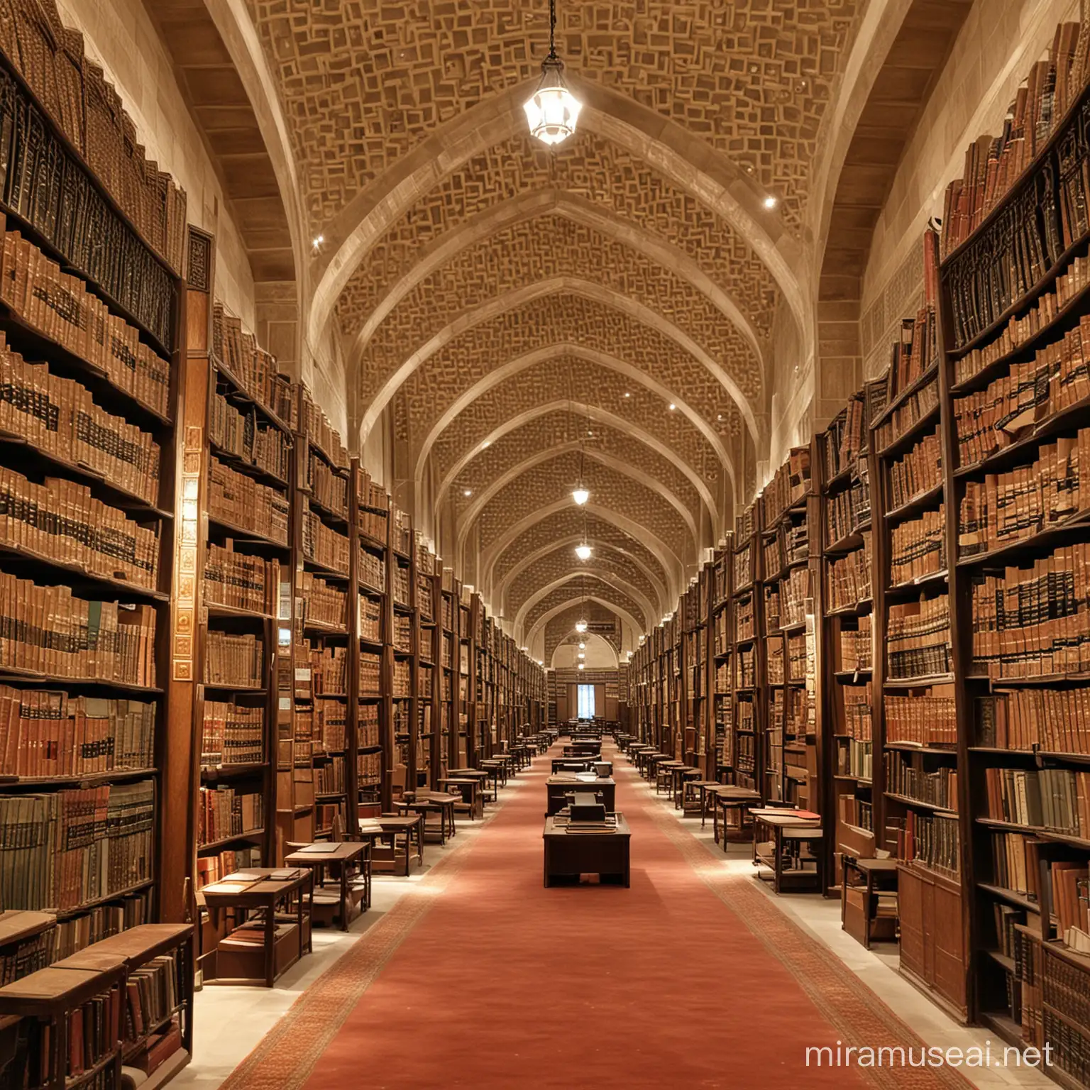 Serene Islamic Library with Vibrant Prayer Rugs and Antique Books