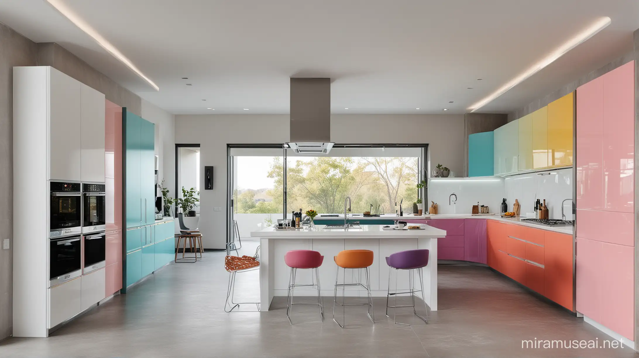 Vibrant Futuristic Kitchen with Multicolored Cabinets