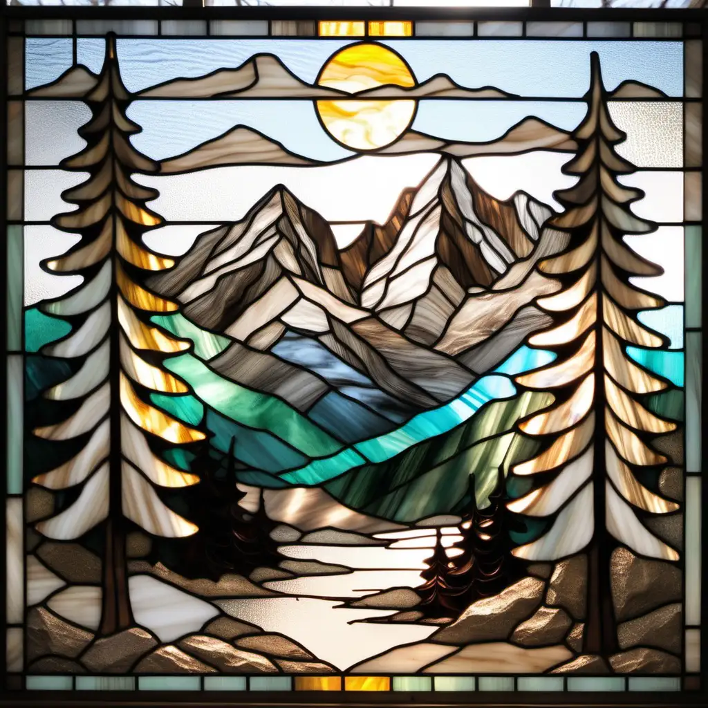 A stained glass image with the outline of rocky mountains and pine trees. The background is sky blue, green, yellow, white, gray, black, and brown. There's an ethereal feel to it. Stained Glass Art style. --ar 59:82