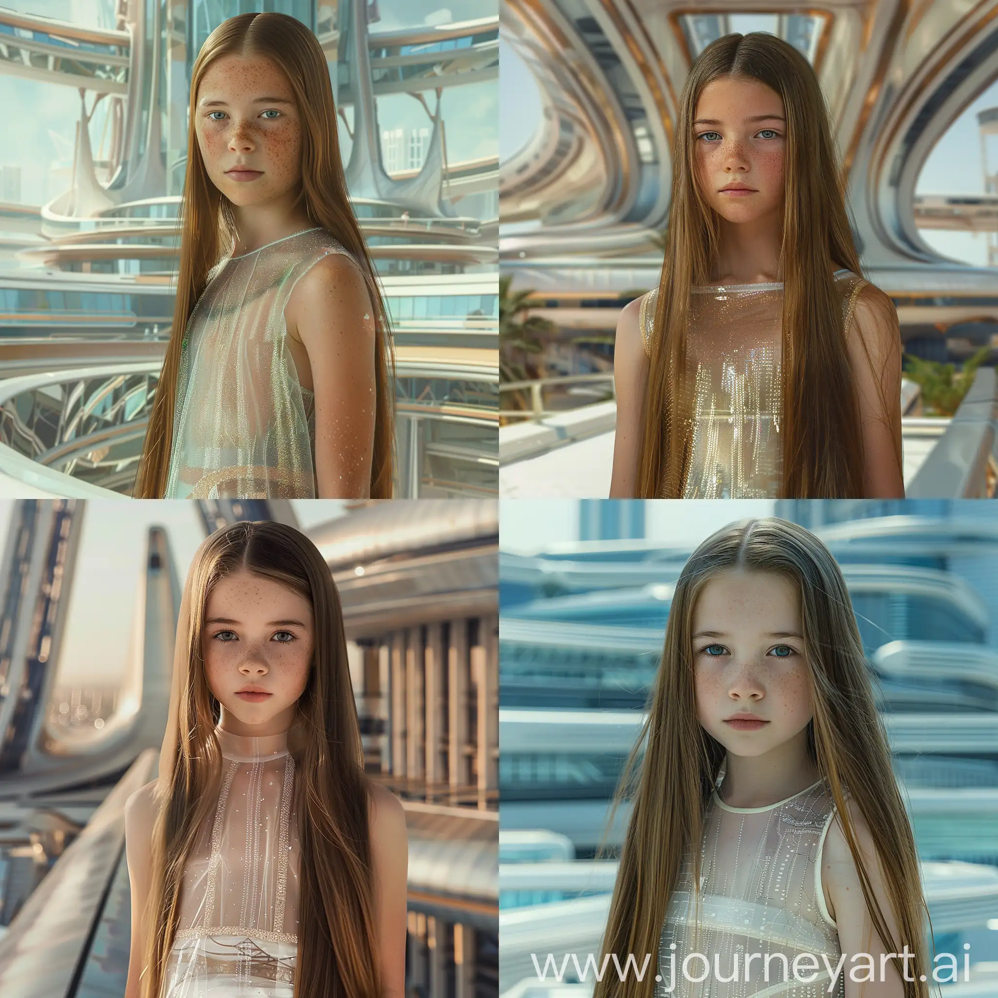 A 13-year-old girl with long straight brown hair, a face without freckles, in a transparent dress against the backdrop of a futuristic school building.