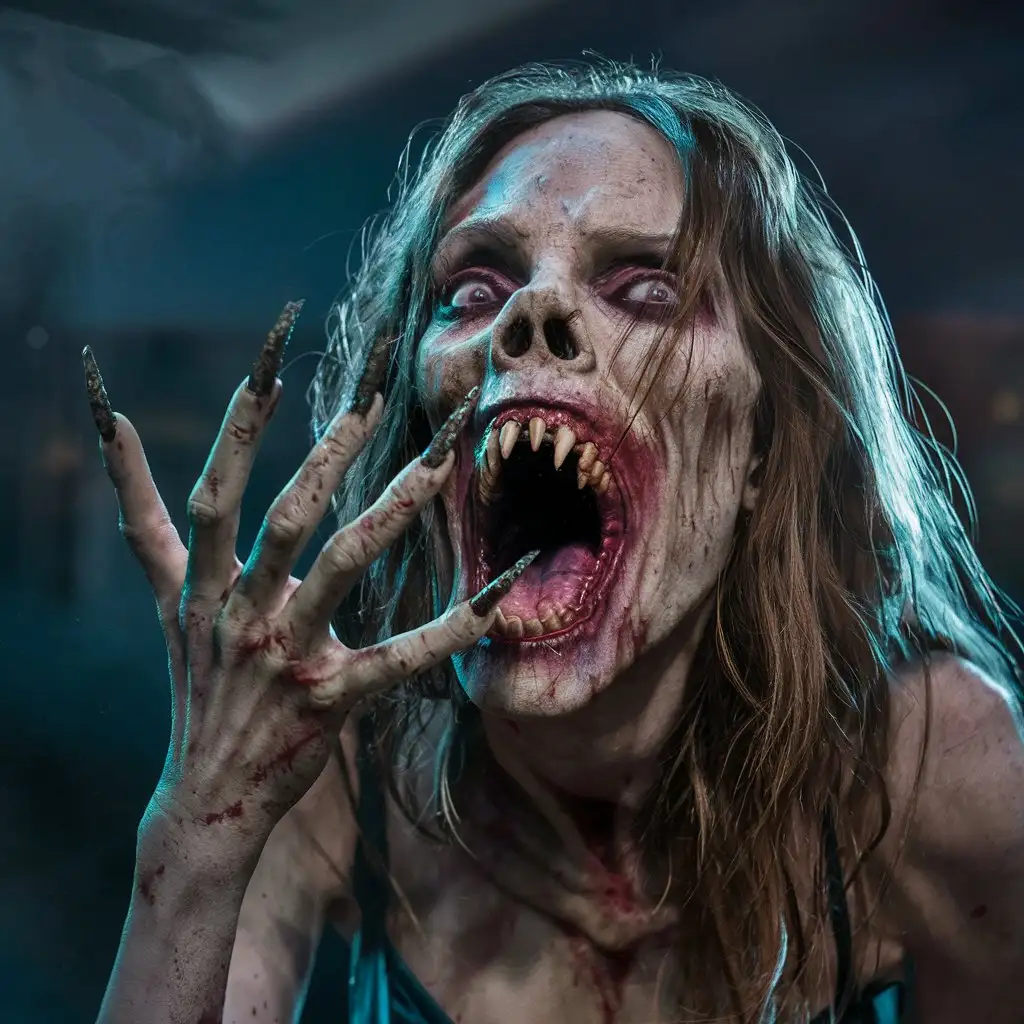 a photorealistic and horrifying nightmare scene of a zombie female with long pointed dirty nails protruding from each of the five detailed and realistic human fingers The zombie's menacingly open mouth reveals pointed teeth resembling fangs under atmospheric lighting in a full anatomical depiction, set in a night-time setting that is very clear without flaws.