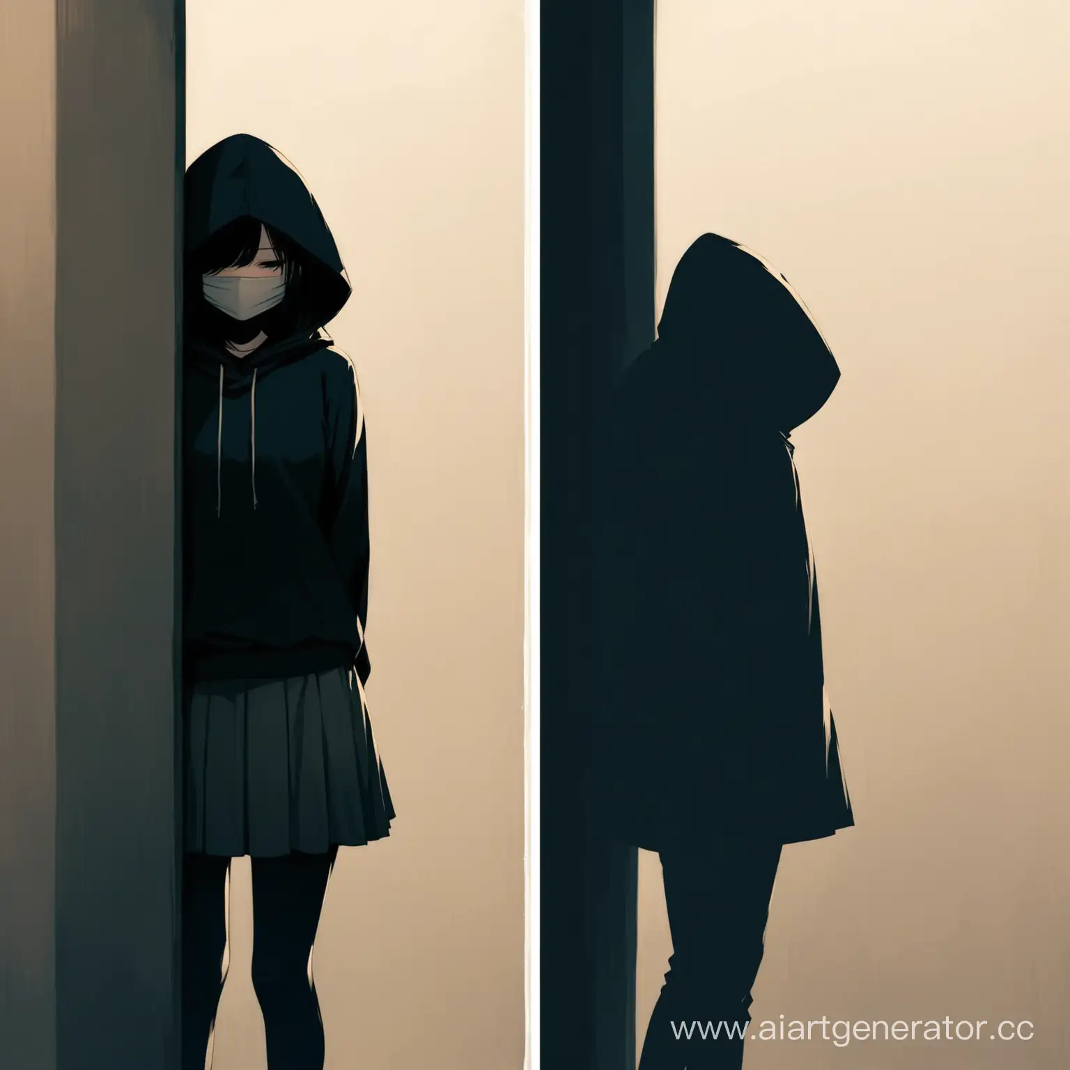 Urban-Encounter-Mysterious-Hooded-Figure-and-Girl-in-Skirt