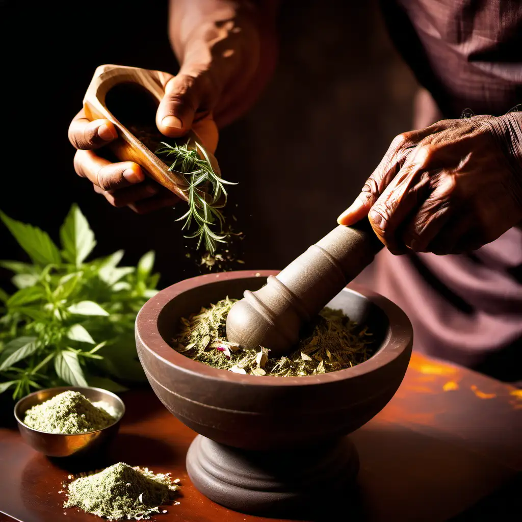 Indian Saint Crushing Herbs in Ancient Ayurvedic Setting MUSE AI