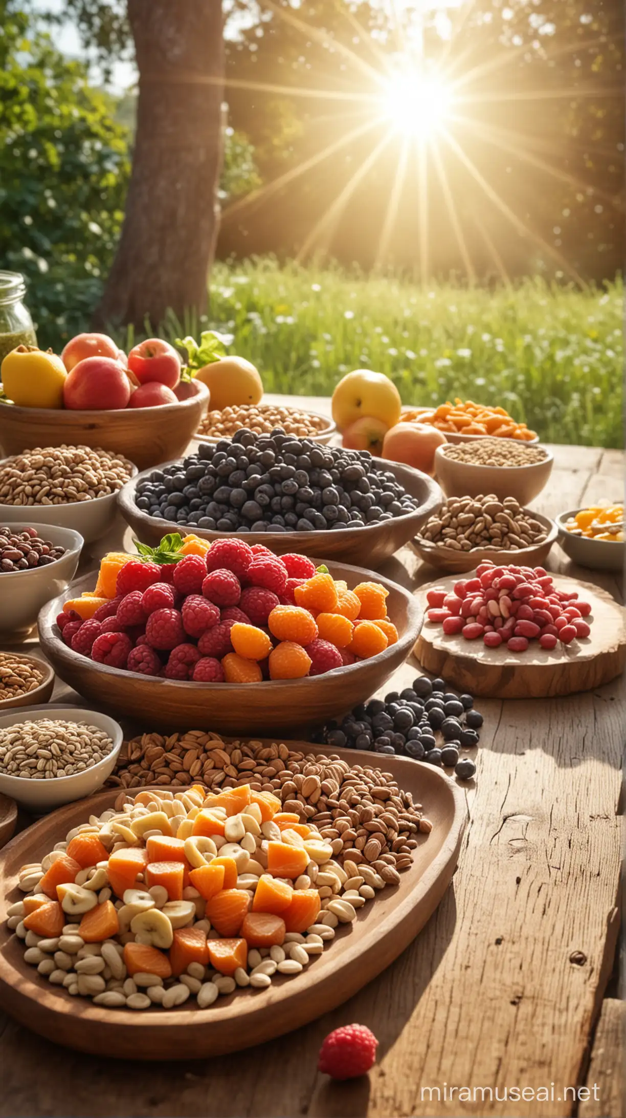 Assorted Superfoods on Table with Natural Background in Morning Sunlight