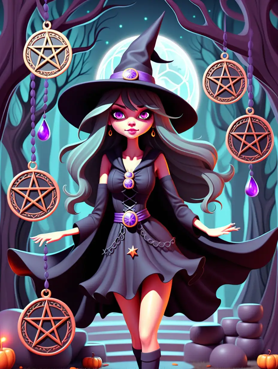 cute witches  mystical background,with seven medallions 