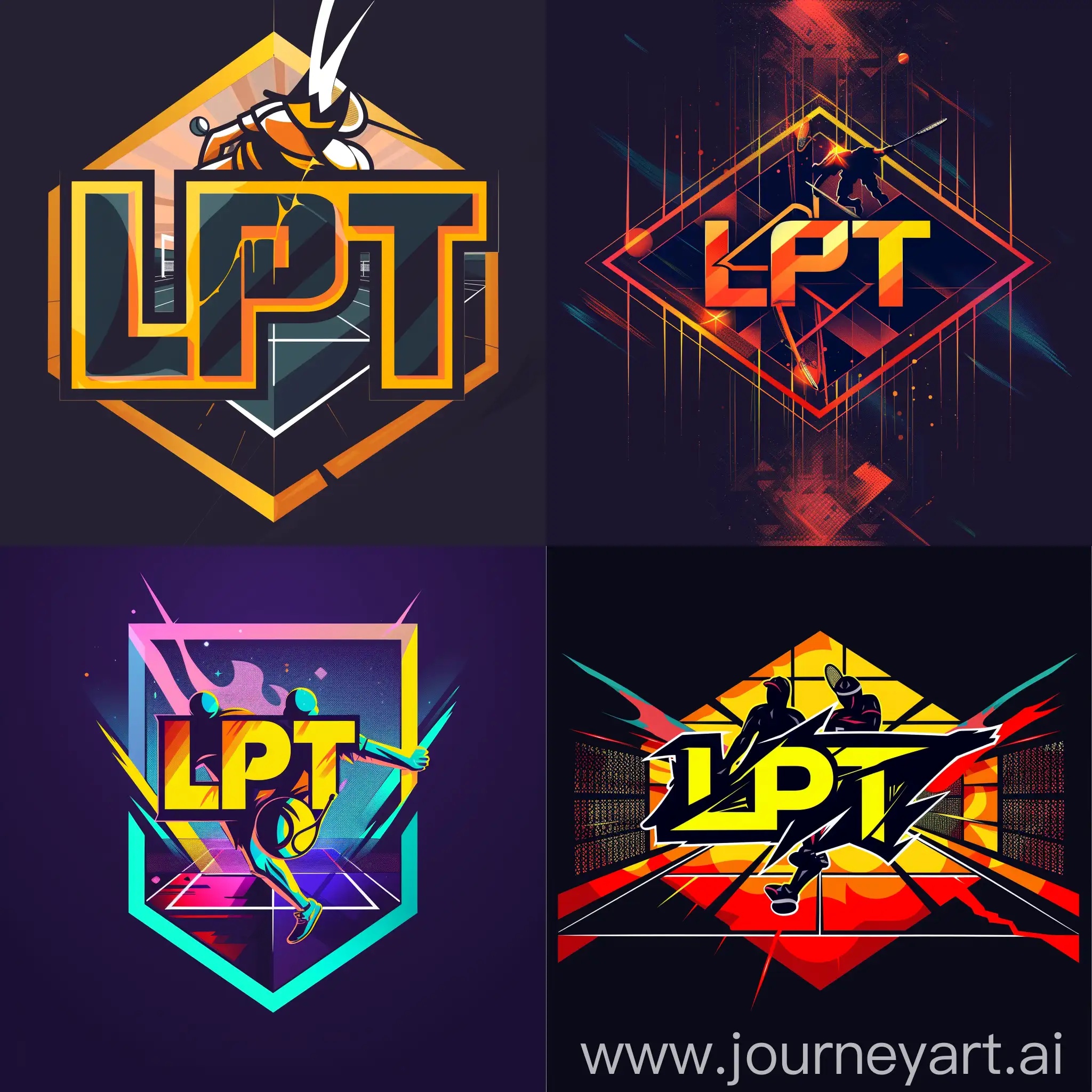 A sleek and modern logo design for a padel organization, featuring the acronym LPT prominently. The design is bold and eye-catching, with sharp lines and a vibrant color palette. In the background, there is a depiction of a padel court, with two players hitting padel balls back and forth. The overall feel of the image is energetic and dynamic, reflecting the fast-paced nature of the sport.