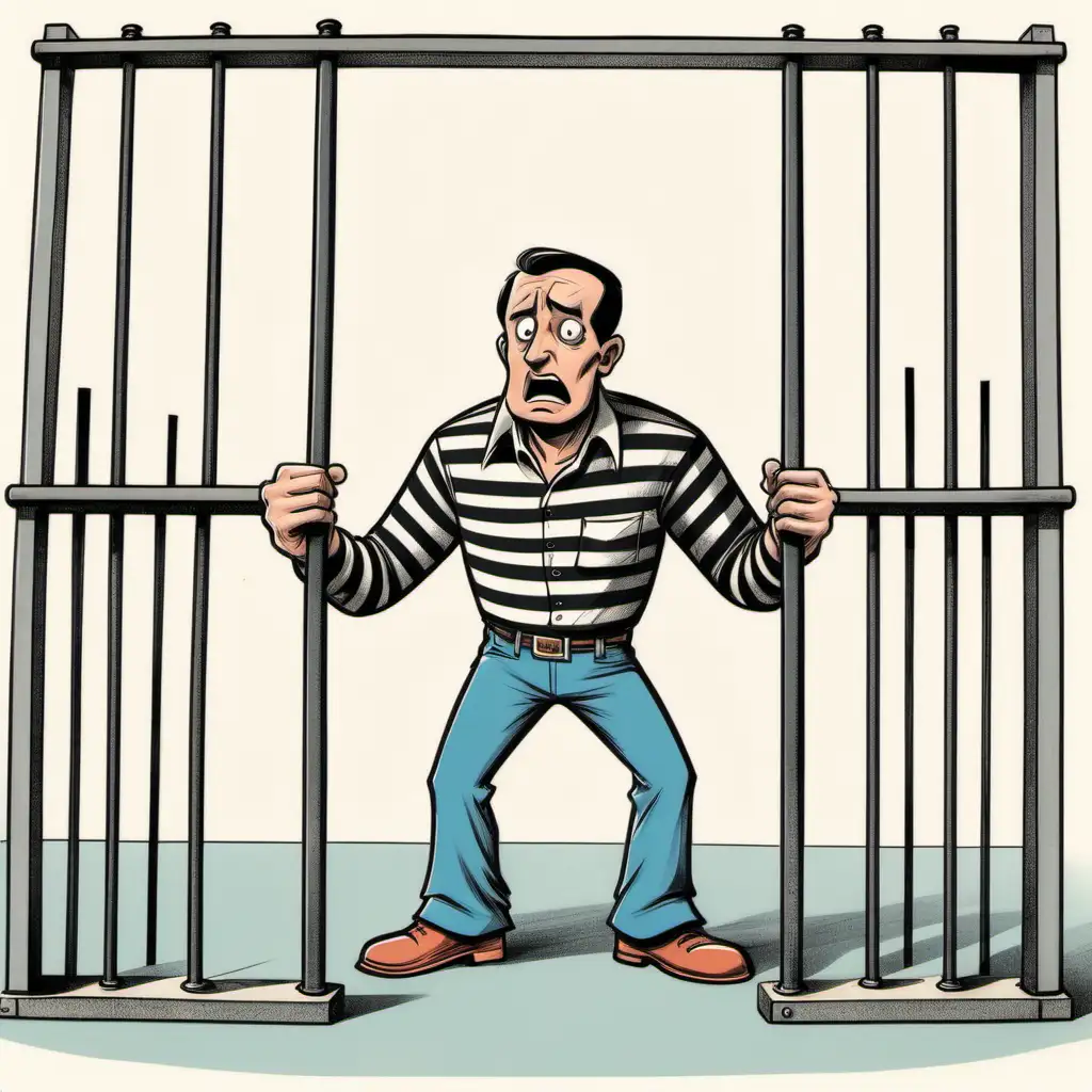 draw a 70,s style cartoon where you have a man standing in  desperation holding onto prison bars however the bars only extend a short distance and he could simply walk around the bars but he doesn't realise that