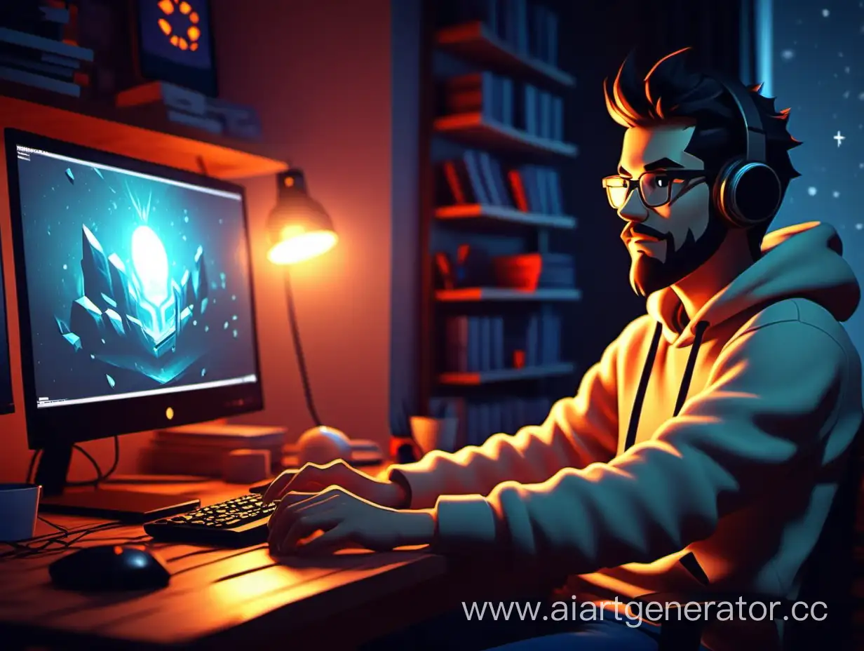 разработчик игр сидит перед компьютером, создает игру, ламповая и милая атмосфера