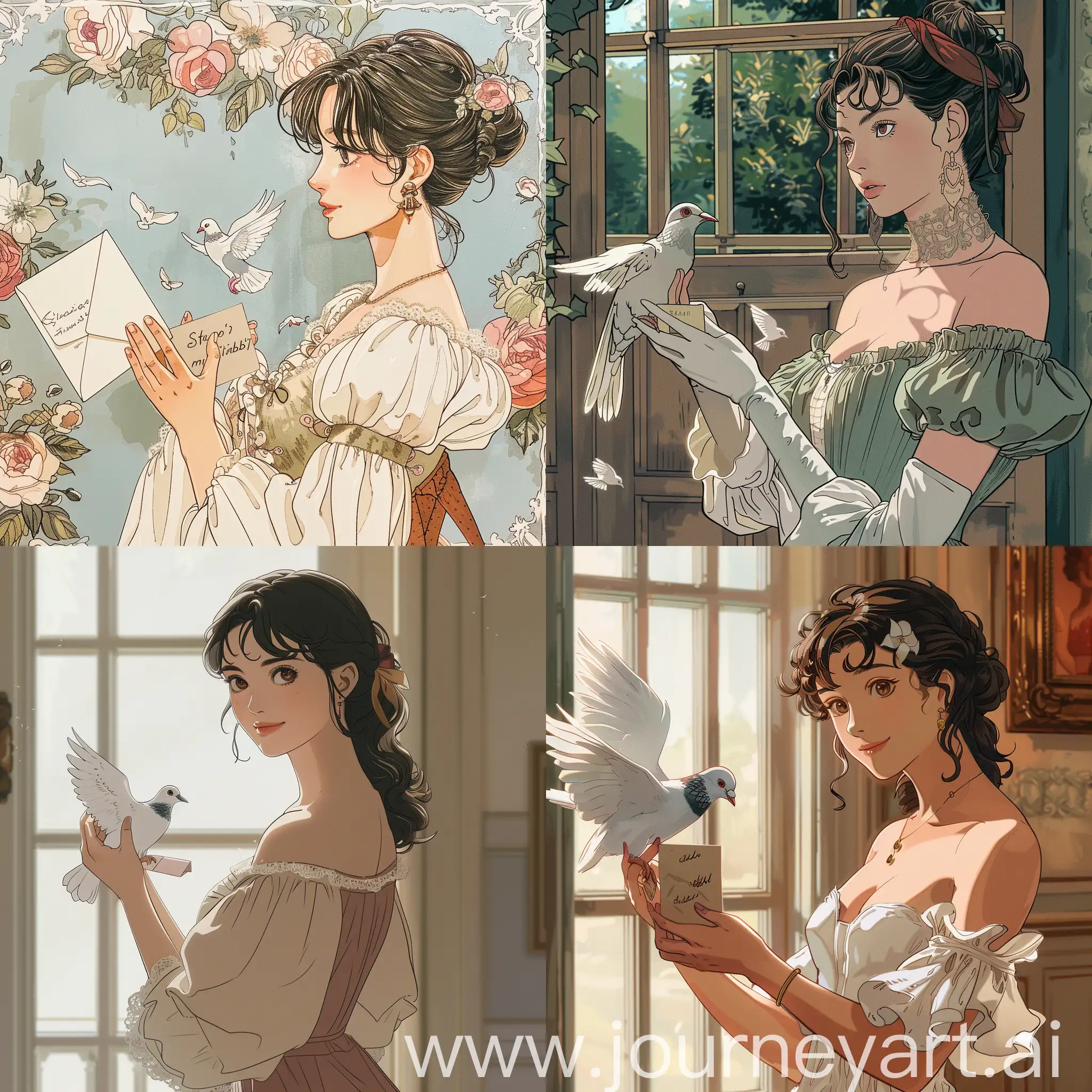 Miyazaki style, иллюстрация в стиле Хаяо Миядзаки, яркий стиль аниме с тонкой прорисовкой деталей, studio Ghibli, дальний план, взрослая женщина, брюнетка , голубь и письмо в руках, красивое платье, лучшее качество, anime, много деталей