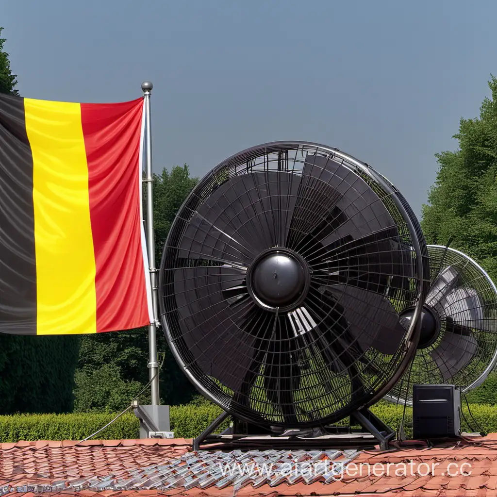 Huge Belgian flag and 2 big electric fans in front of it