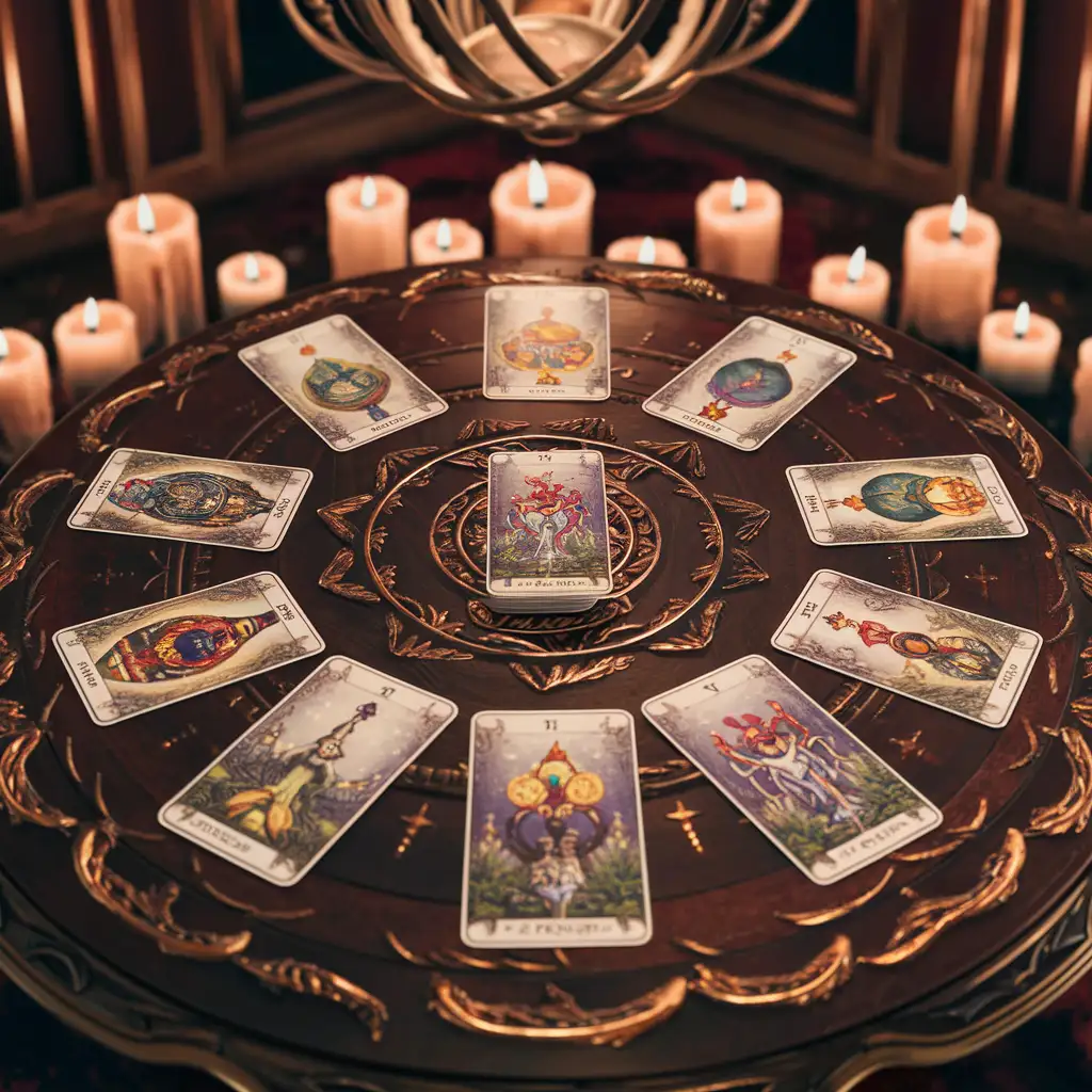 Enchanting-Tarot-Card-Spread-with-Twelve-Cards-on-a-Mystical-Table