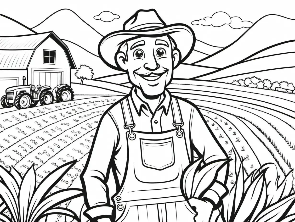 Charming Farmer in Black and White Engaging Coloring Book Scene