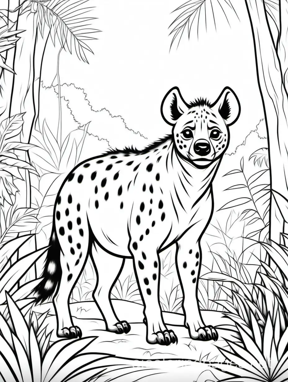 Hyena in a jungle , Coloring Page, black and white, line art, white background, Simplicity, Ample White Space. The background of the coloring page is plain white to make it easy for young children to color within the lines. The outlines of all the subjects are easy to distinguish, making it simple for kids to color without too much difficulty