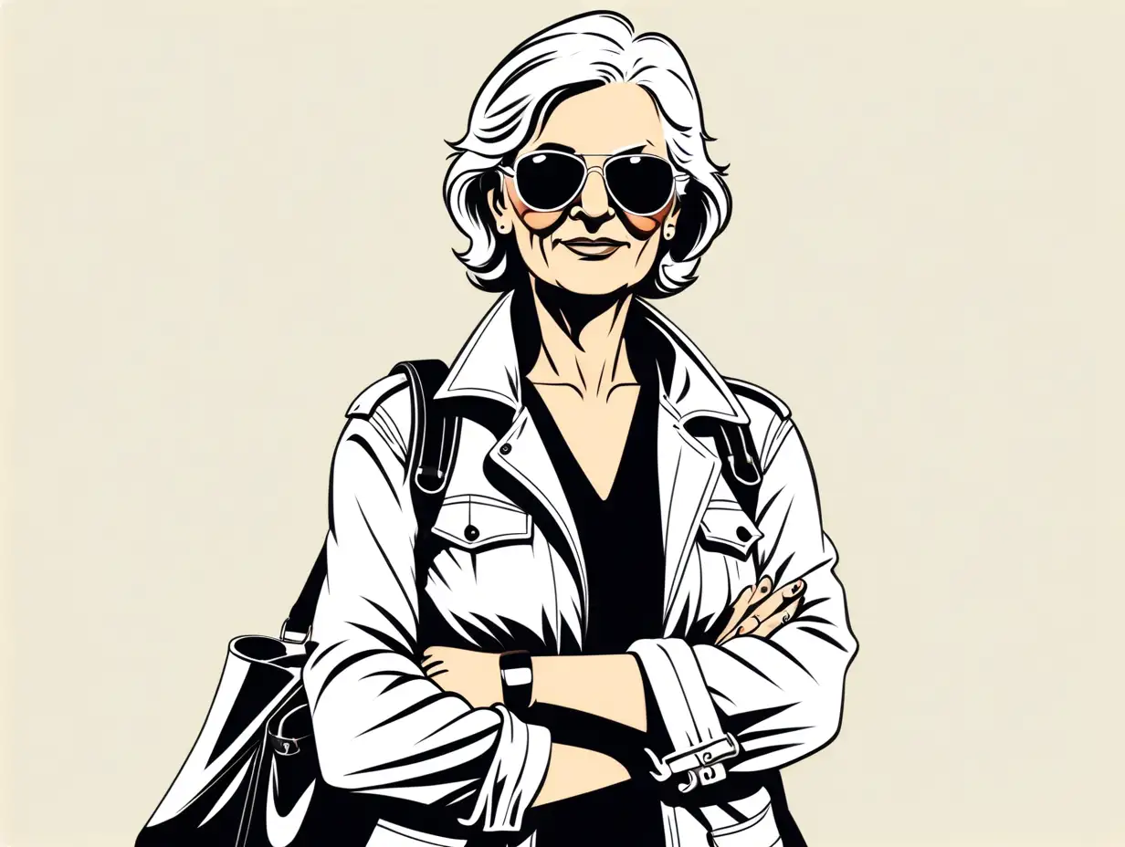 Simple vector image of a confident older female tourist, illustrate a cool-looking tourist woman in her 50s - The woman should be wearing aviator shades, Pose: Standing with arms crossed with a bag - Focus on clean lines and minimalistic details, ensure the image has a modern and stylish vibe, use a limited color palette for a sleek look