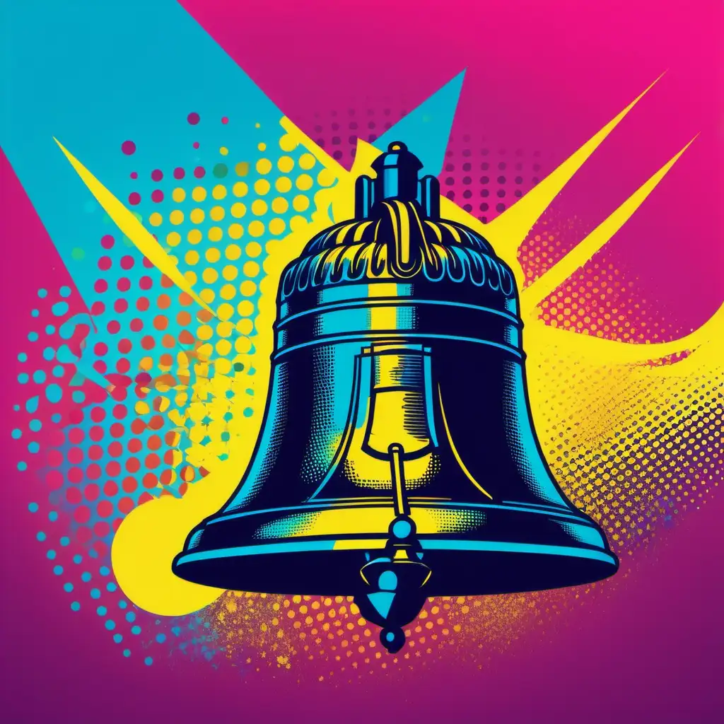 colorful background with cyan, magenta and yellow. Show Independence Hall on the left side. Show Liberty Bell on the right side. Include halftone dot patter in the background.