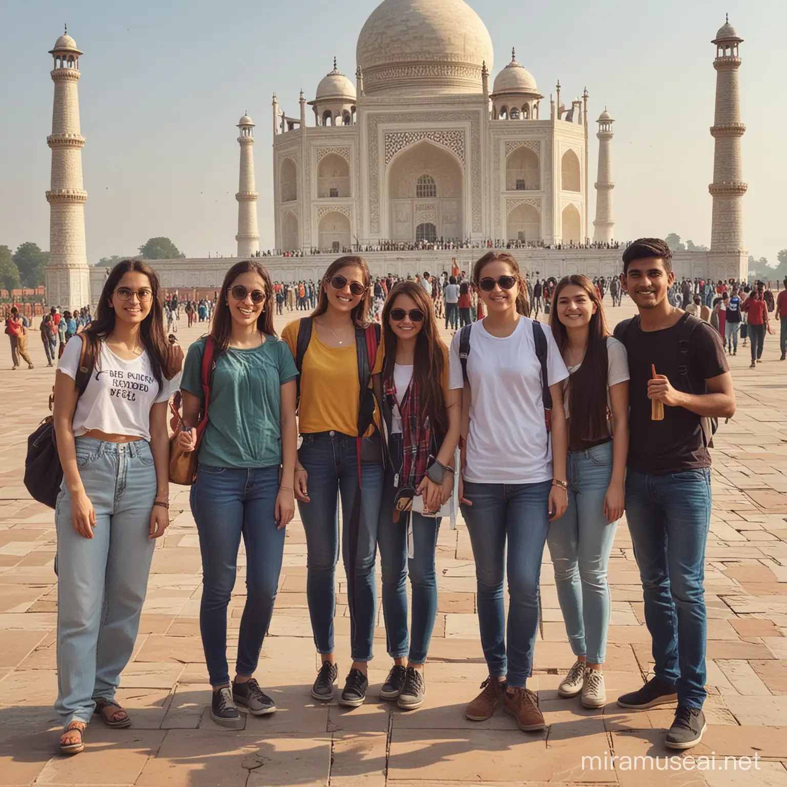 Generate a image of group of students visiting Tajmahal