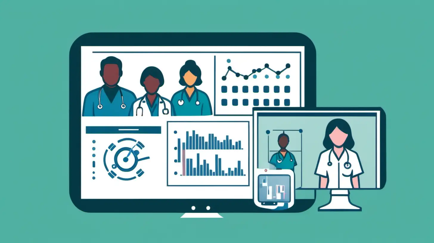 simple icon of health care workers, and simple icon of screen recording, and simple icon of data analysis side by side.