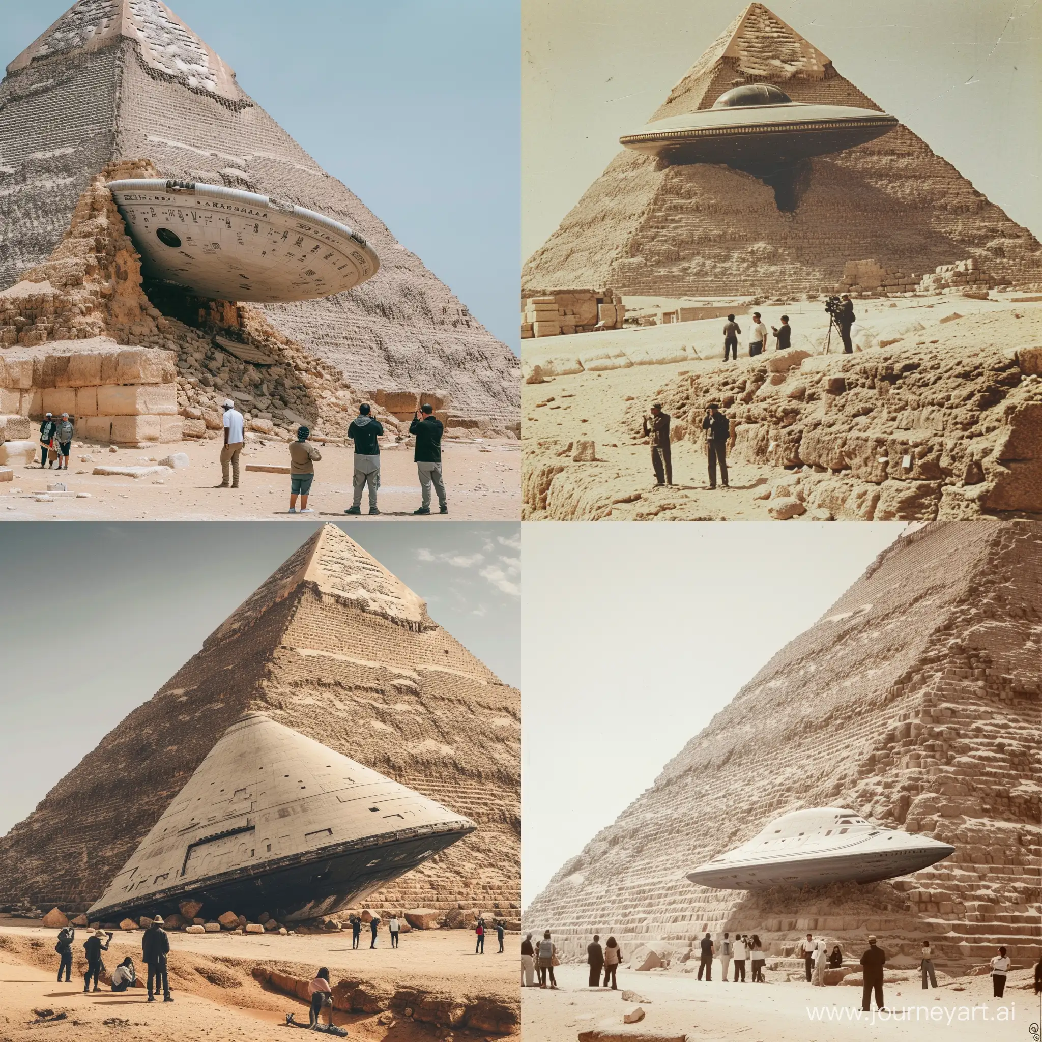 половина пирамиды хеопса разрушилась и стал виден инопланетный корабль торчащий из нее, старый корабль, люди стоят и фотографируют это издалека
