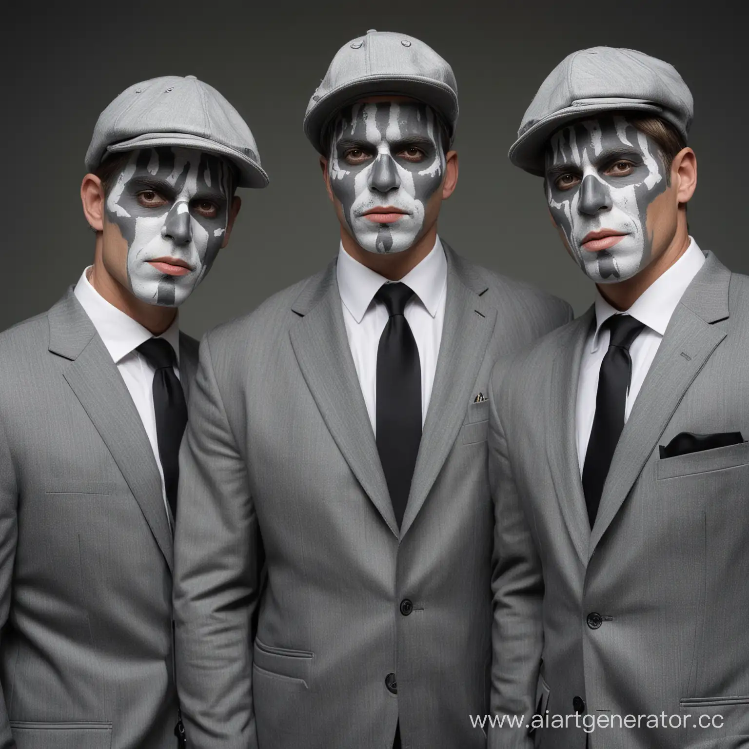 Рок группа MASTAJUKE четыре человека в серых костюмах с кепки и гримероваными лицами