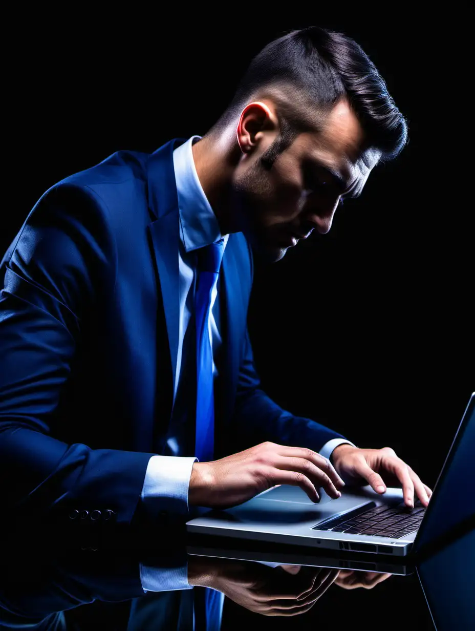 professional photo of a sad sales rep writting on a laptop. photo from the side. sales rep looking at laptop. with reflection. dark blue theme.