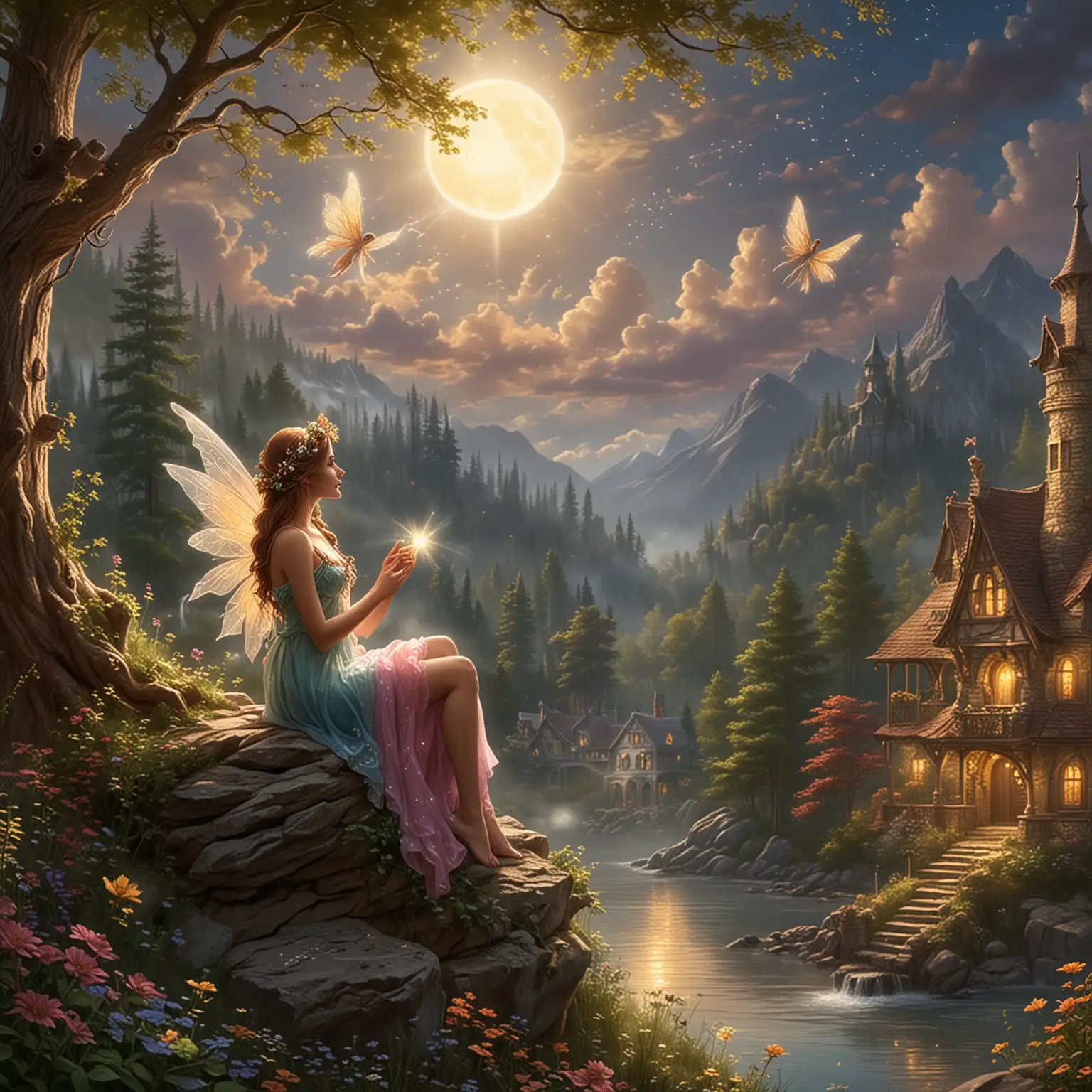 Create an enchanting and beautiful fairy watching a solar eclipse. High quality. HD. Thomas Kinkade style.