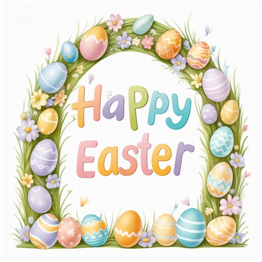 Happy easter in arched Pastel letters,cartoon, white background 