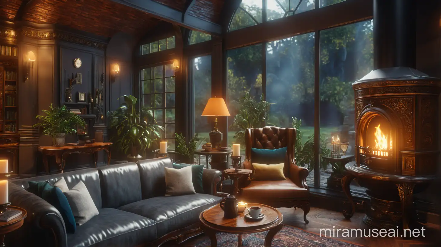 Vintage Living Room with Fireplace and Round Coffee Table Detailed Octane Render Art