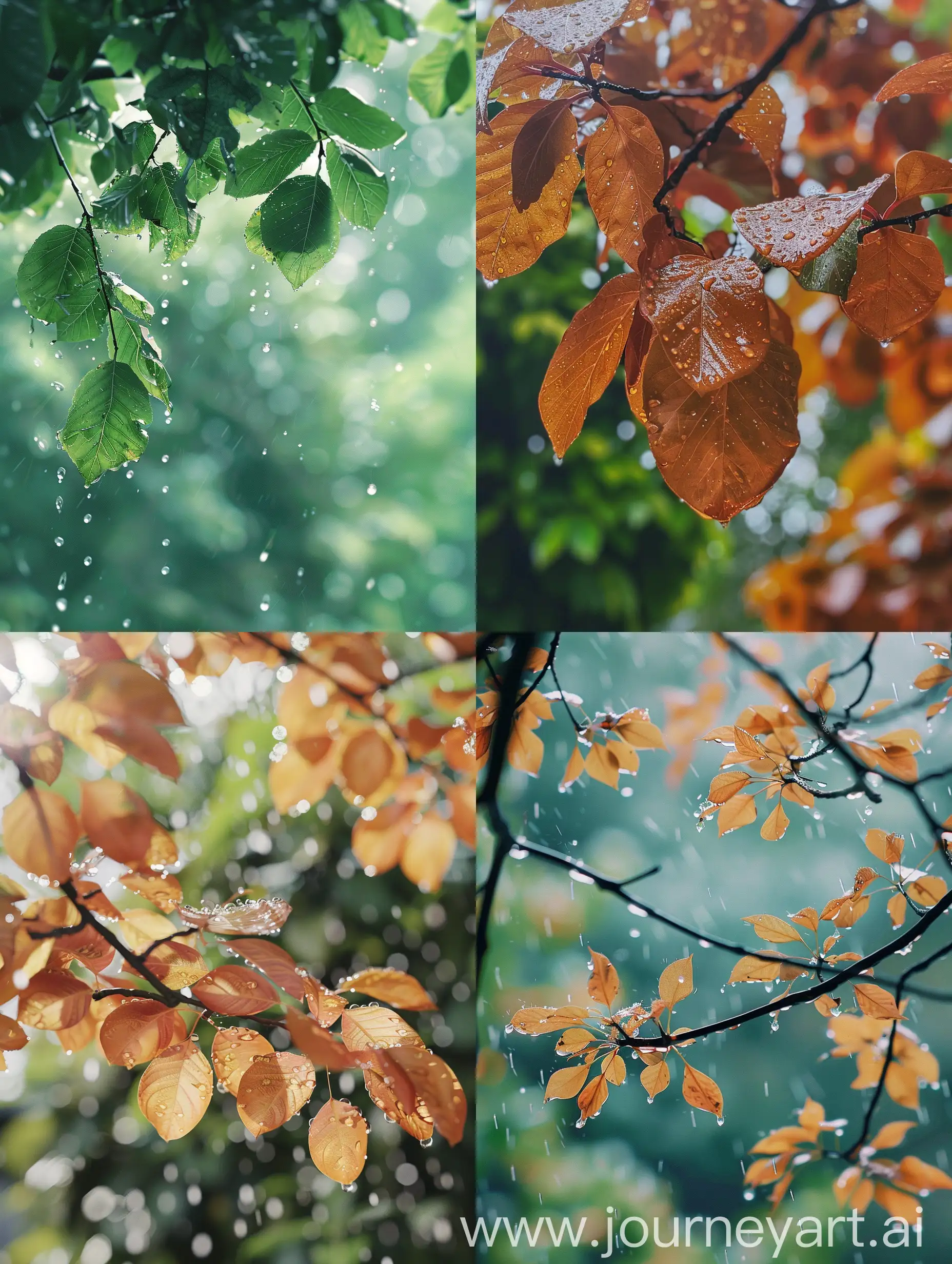 Anime style,Shojo style mix makato shinkai style,a beautiful close up of leaves on tree after rain.