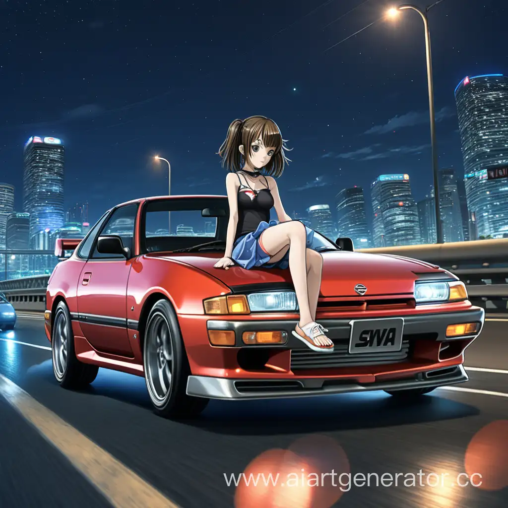 Anime girl sitting on a Nissan Silvia in the middle of a night highway