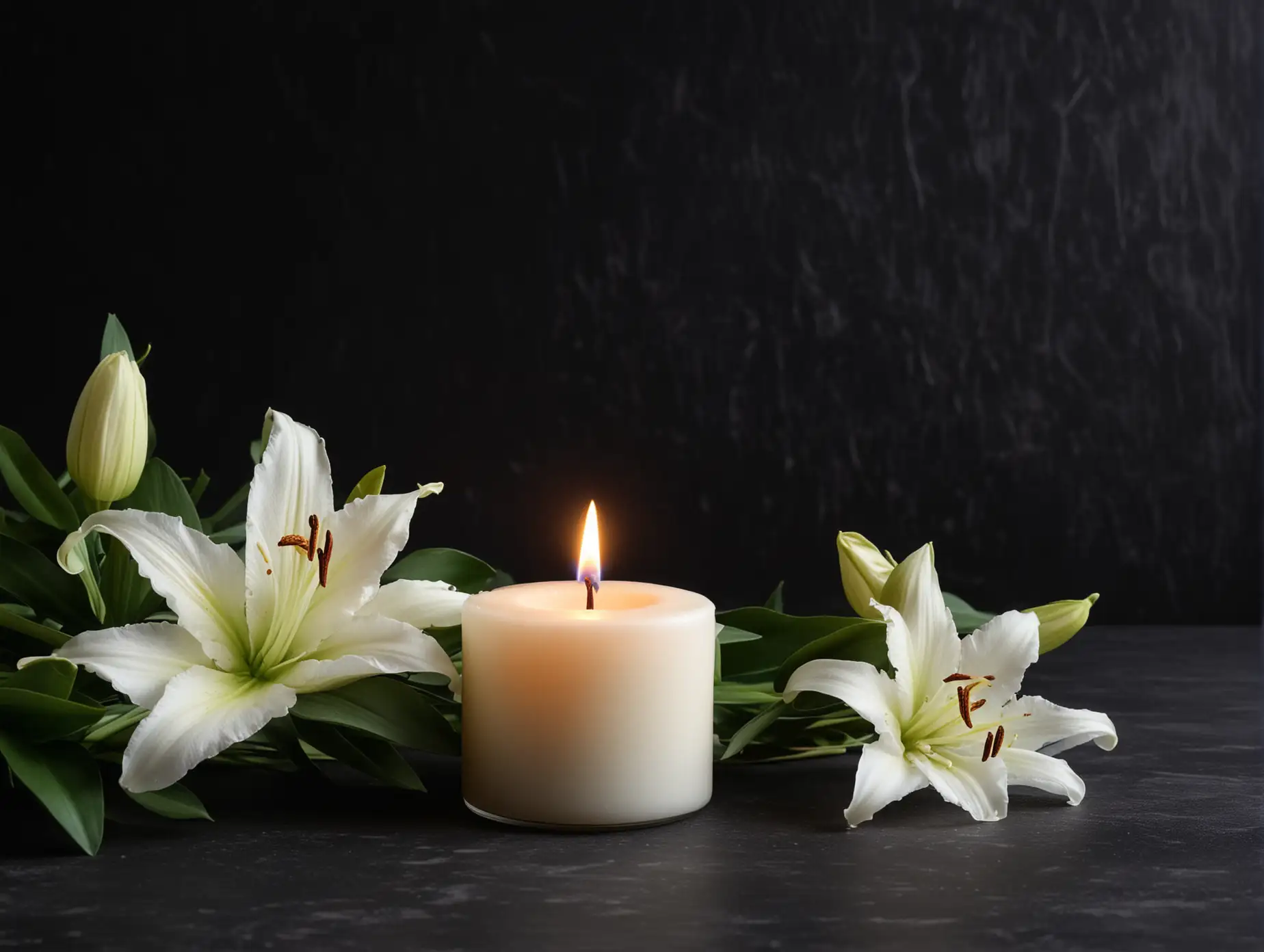 single white small burning candle surrounded by lily branches, dark background