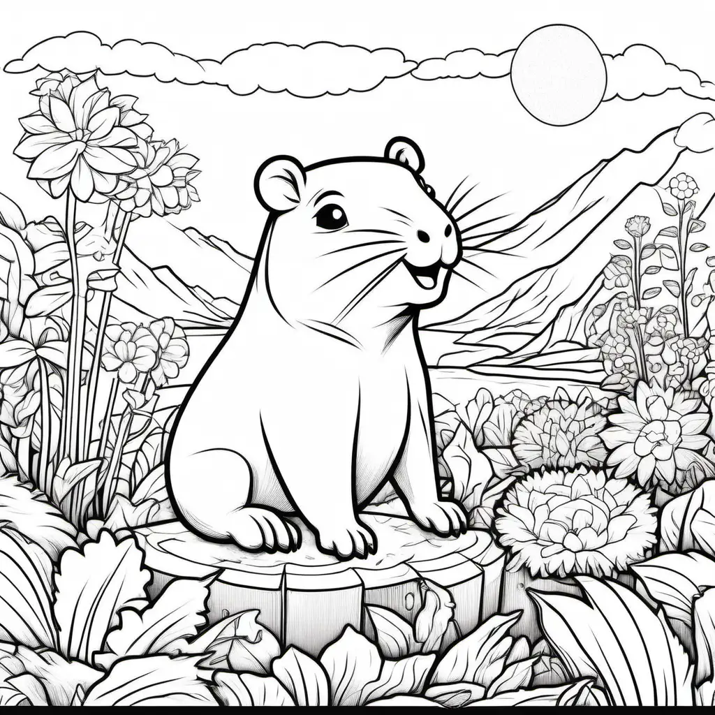  Create an engaging setting for a children's colouring book, portraying an endearing kawaii capybara amidst a lively environment filled with flourishing plants, blooming flowers, and a sunny sky; employ bold outlines and avoid any inner shading, Illustration, 