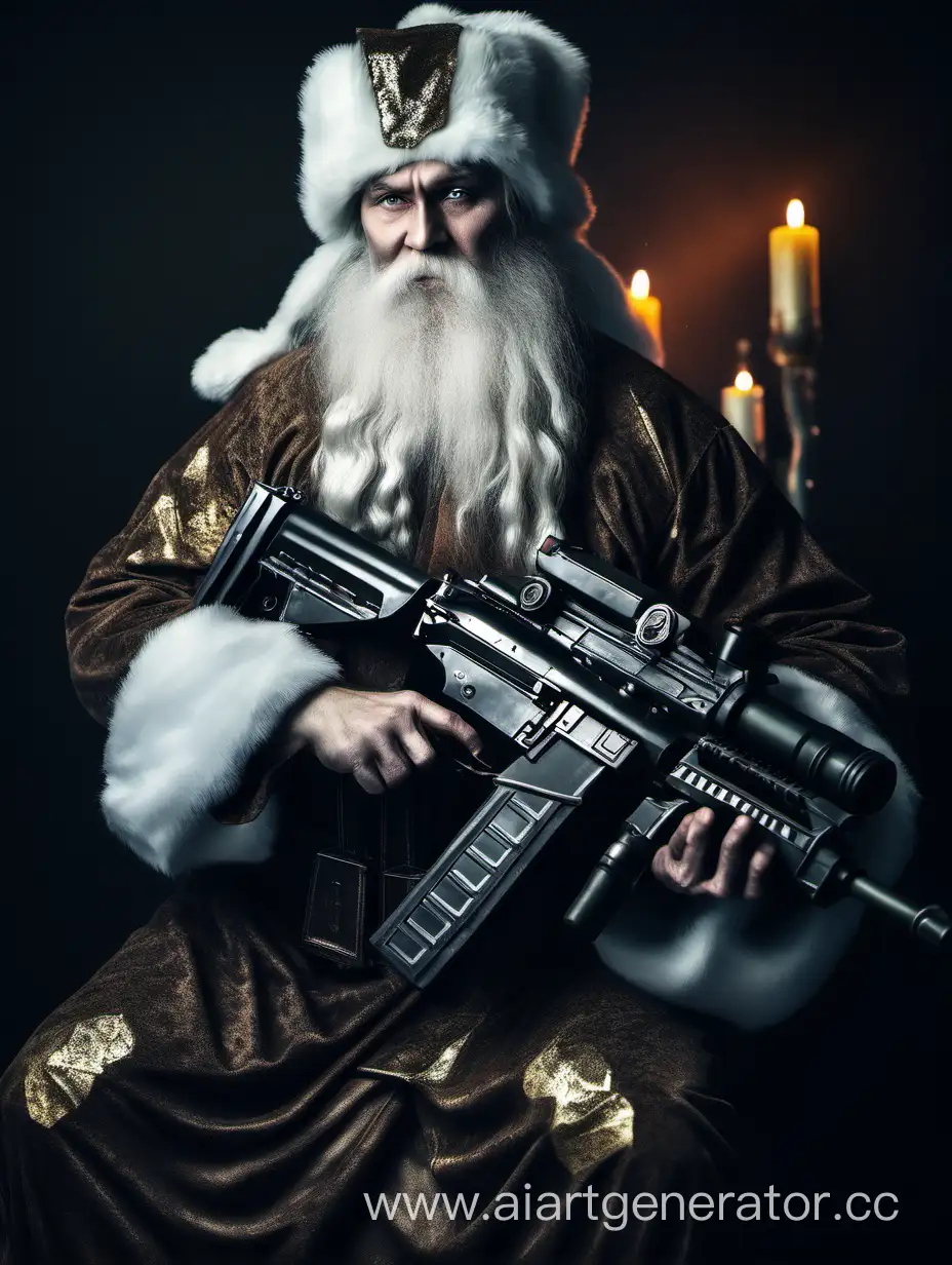 Ded Moroz with a machine gun, dark tones, portrait