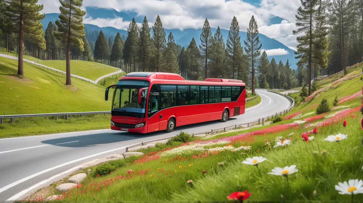 the Red Coach Bus is driving on the Curve road, showing pine trees, grass and flowers round about,
