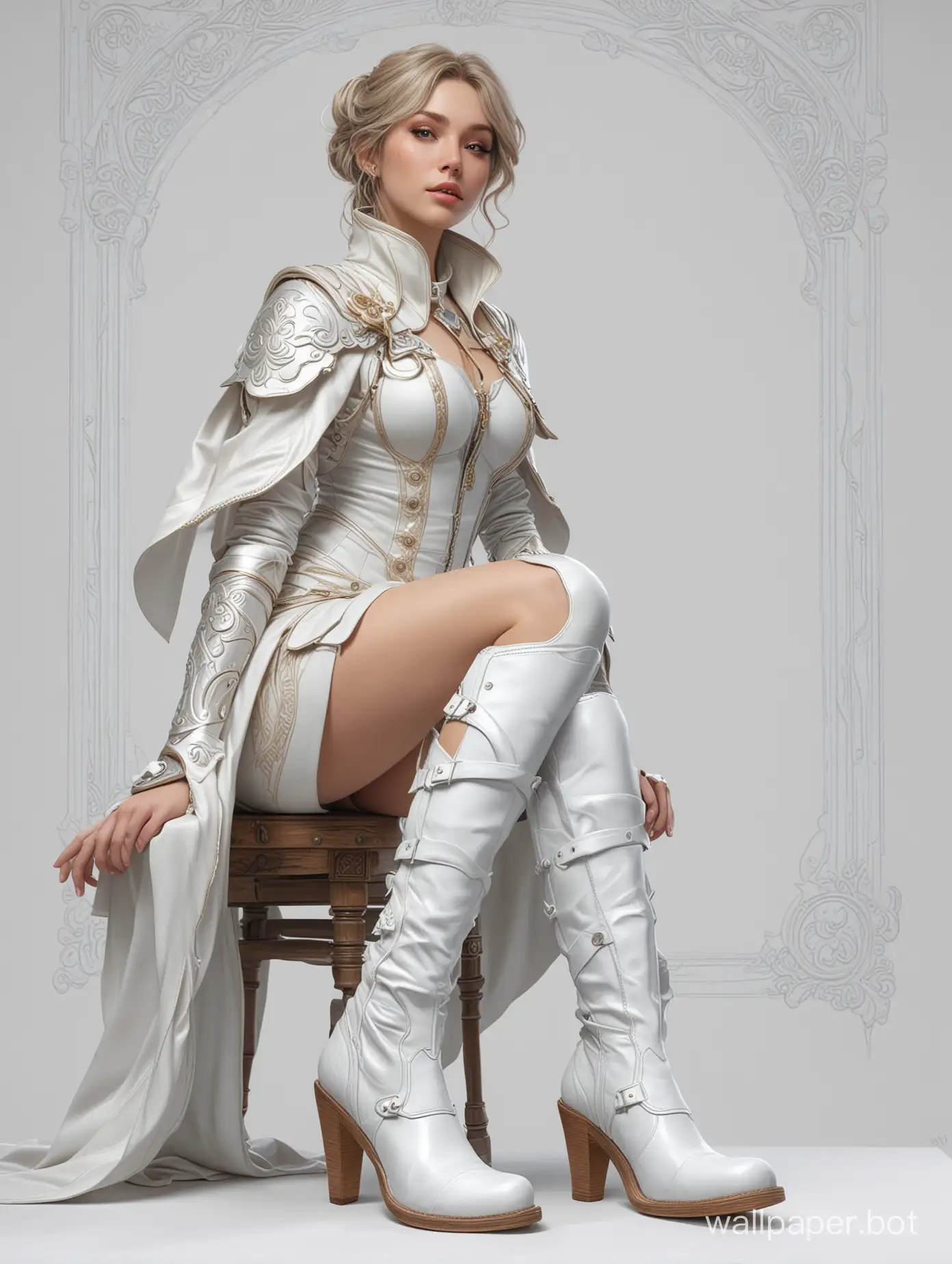 On the secret watcher, fantasy,esi from Valorant,highly detailed, 4k digital matte painting by Artgerm, Greg Rutkowski, Alphonse Mucha, and Yoshitaka Amano. medieval revealing clothing. white leather boots. white background. pencil drawing. full length