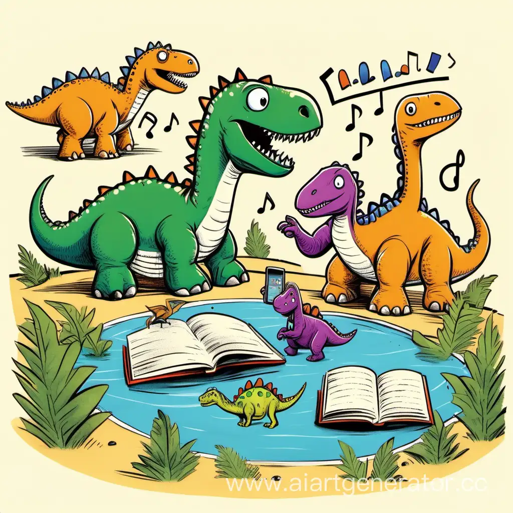 два динозавра играют в футбол,один динозавр слушает музыку,другой читает книжку,а еще два динозавра плавают 