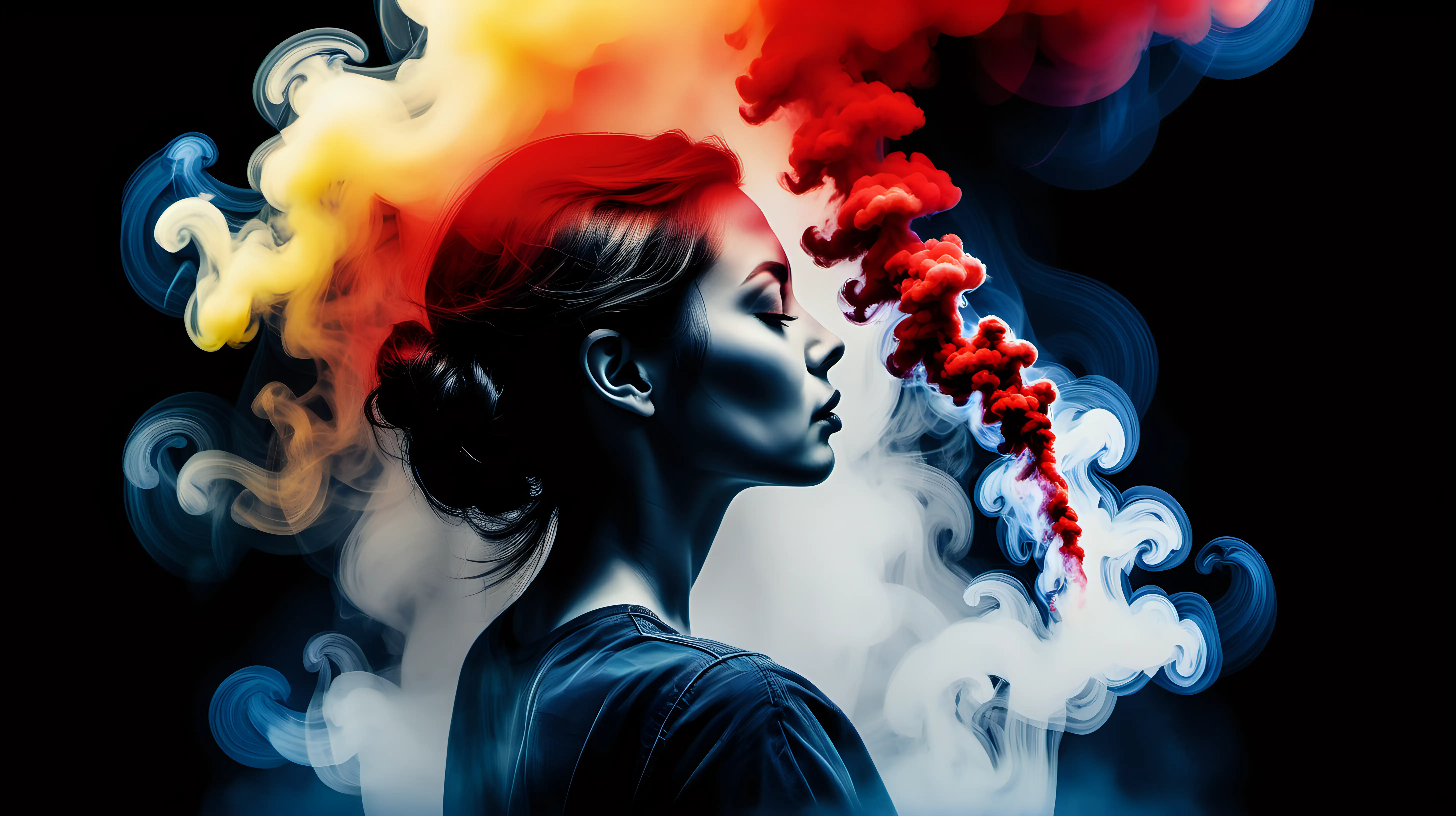A simplistic artwork depicting a Atractive woman and red smoke mist in double exposure style, minimalistic painting, yellow and blue mist ink design, smoke ink style, straightforward black drawings, streaming outline, dark backdrop, high contrast --ar 16:9 --s 150 --style raw