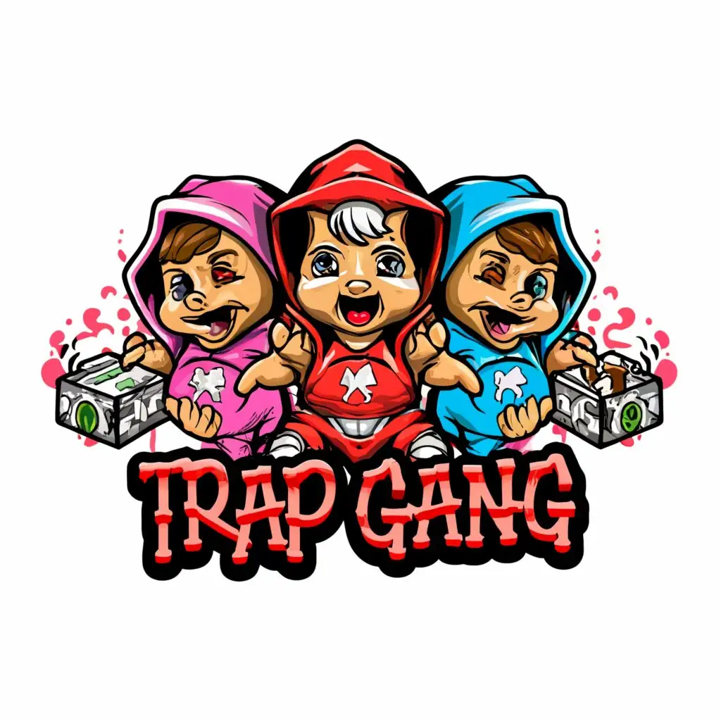 a logo design,with the text 'Trap Gang', main symbol:babies with money, diamonds and drug packs,Moderate,clear background