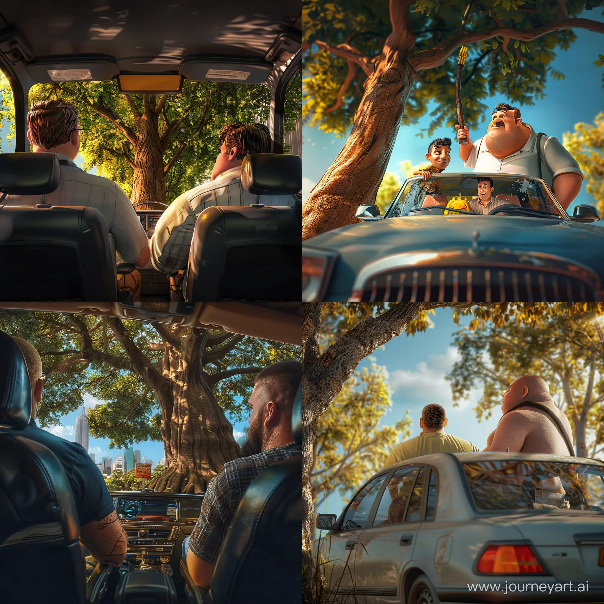 a taxi driver driving a car with a large male passenger!!!!!! A passenger with a short haircut is sitting in the back seat Funny meme, !, 🚿 🗝 📝 and Where are we going ? On that tree over there 😃 😀 😄 (masterpiece)), ((best quality)), high detail, highest detail, high detail, color, beautiful, HDR, photorealistic,