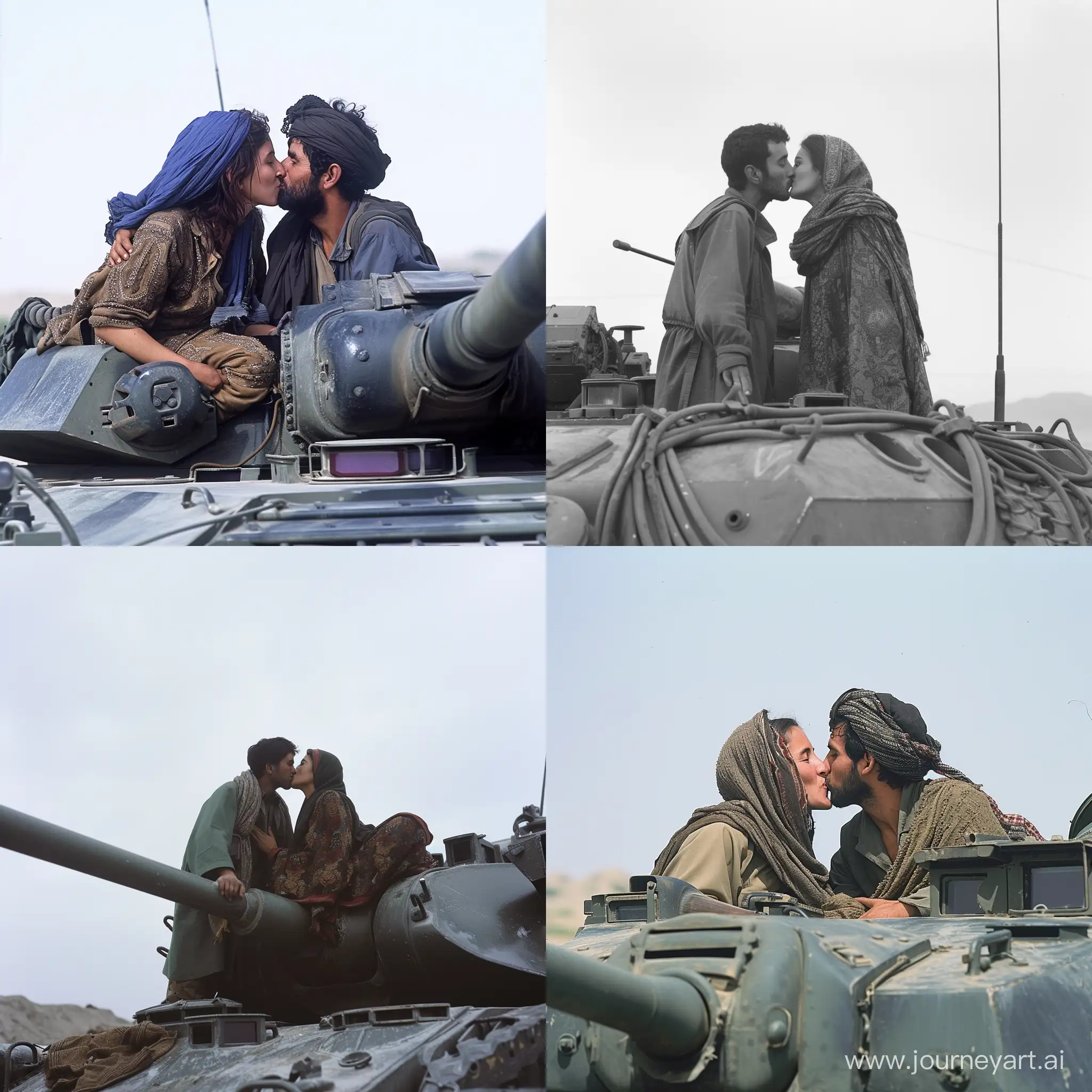 An Afghan man kissing with an Afghan woman on a tank --v 6 --ar 1:1 --no 32667