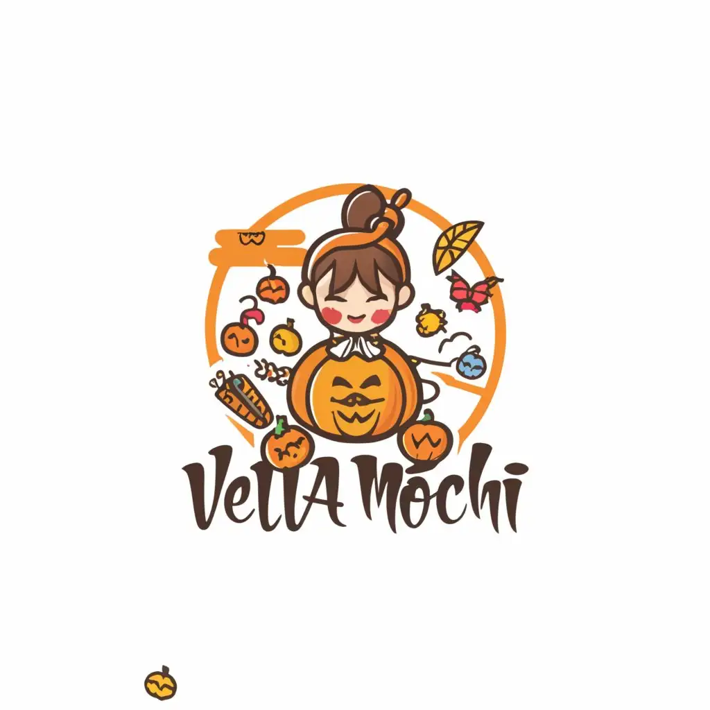 a logo design,with the text "Vella Mochi", main symbol:crafts, halloween, korean girl,Moderate,be used in Retail industry,clear background