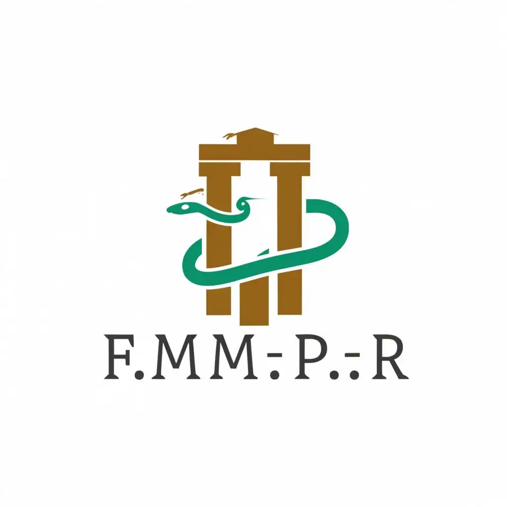 a logo design, with the text 'F.M.P.R', main symbol: logo of modern university with symbol of pharmacy snake with building, Moderate, to be used in Real Estate industry, clear background